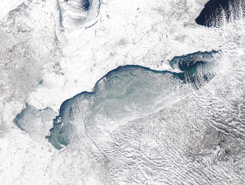 Lake Erie from space? or a close-up of a Clevelanders eczema after two months of winter?